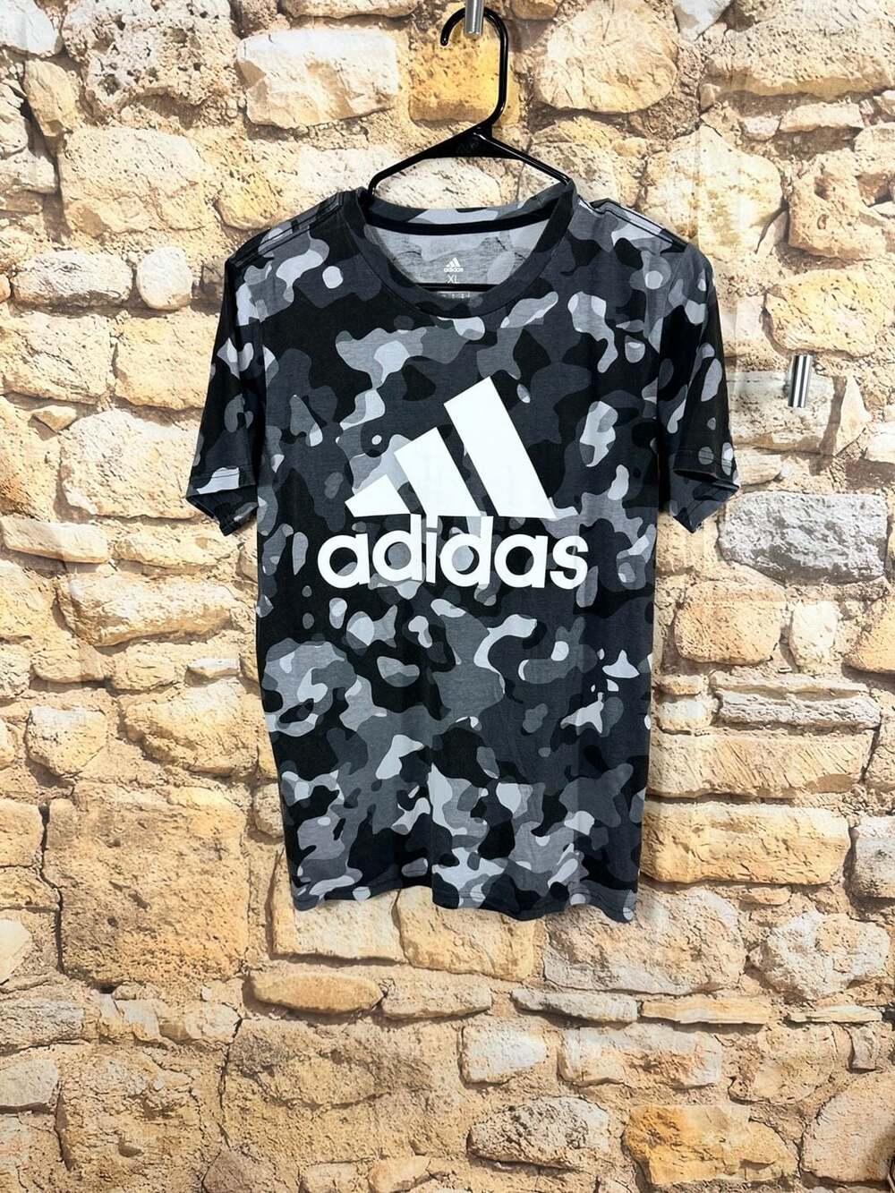 Adidas Camo Allover Print T-Shirt Size XL 18/20 Grey Black White Logo Tee
